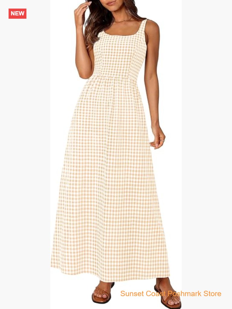 Women's Summer Maxi Dress Spaghetti Strap Square Neck A Line Plaid Beach